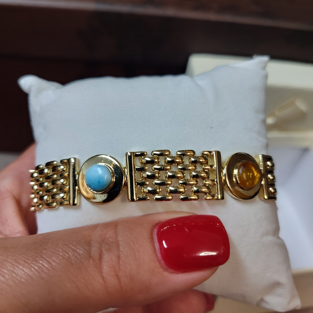 Gold  Plated Bracelet with Larinar and Amber Accents. New.